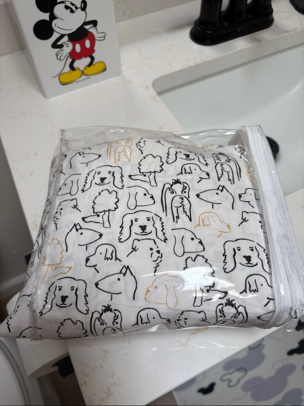 Ellen Degeneres White Shower Curtain with Black & Gold Dog Line Art and liner